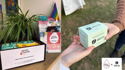 Split screen image. On the left, a charity donation box for Period Friendly Places, and on the right, an Eleria menstrual cup being donated to someone